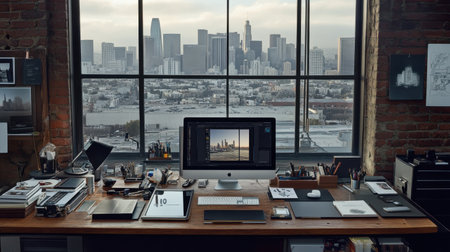 A stylish urban workspace featuring a modern computer setup, creative tools, and breathtaking city skyline views, perfect for inspiring productivity and creativity.の素材