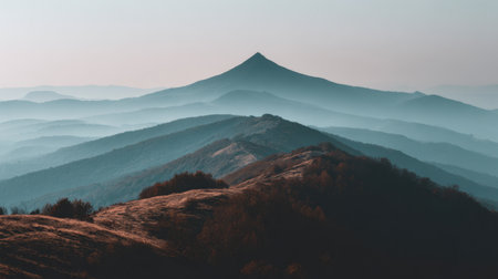 Capture the calm beauty of a mountain landscape, showcasing layers of mist at dawn. This serene scene invites reflection and outdoor adventure amidst natureの素材