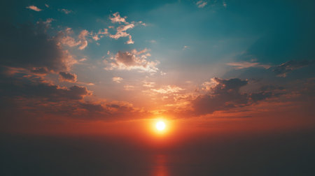 Experience the serene beauty of a stunning sunrise illuminating the ocean with warm colors, featuring dramatic clouds and a peaceful atmosphere, perfect for relaxation.の素材