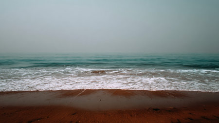 A tranquil seascape features soft waves lapping against a sandy shore under a foggy sky, evoking a sense of peace and natural beauty at the ocean.の素材