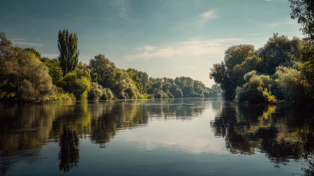 Explore the beauty of a tranquil river scene enveloped by vibrant trees, capturing an essence of nature's peace and harmony under a clear sky.の素材
