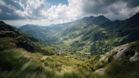 Experience the tranquility of a picturesque mountain landscape with dramatic clouds and a lush, green valley, ideal for nature lovers and outdoor adventurers.の素材