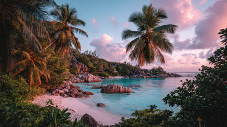 Experience the tranquility of a tropical beach at sunset, surrounded by palm trees and crystal-clear waters, perfect for a serene getaway in a natural paradise.の素材
