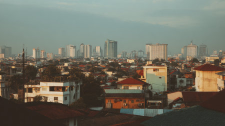 This image presents a captivating view of a bustling city skyline at dawn, emphasizing the contrast between modern buildings and traditional rooftops in a vibrant urban environment.の素材