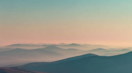 A serene and tranquil landscape featuring soft rolling hills under a calm sky at dusk. The gentle gradients and atmospheric mist create a peaceful and inviting scene.の素材