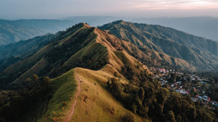 Breathtaking aerial view capturing lush green hills adorned with delicate light at sunrise, revealing tranquility and a charming village nestled in the valley below.の素材