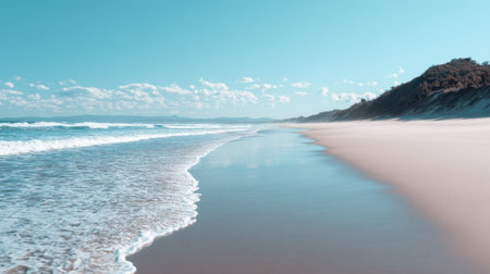 A stunning view of a tranquil beach with gentle waves lapping against the powdery sand. The clear blue sky enhances the serene atmosphere, perfect for relaxation.の素材