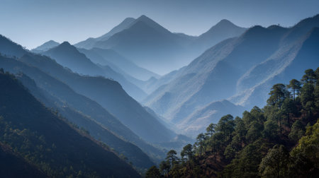 Majestic mountain landscape showcasing layered peaks enveloped in soft mist. Ideal for travel or nature projects, this serene image captures tranquility and beauty.の素材
