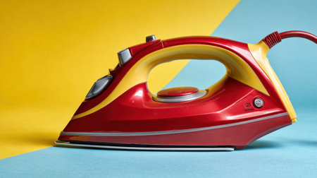 A vibrant red and yellow iron rests elegantly against a contrasting blue and yellow backdrop, showcasing a modern design ideal for any home appliance collection.の素材
