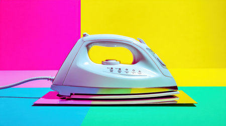 This image features a sleek iron placed on a vibrant, colorful background, showcasing a modern household appliance ideal for fabric care. The striking colors enhance the visual appeal.の素材