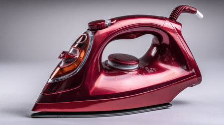 A stylish red electric iron featuring advanced steam technology, ideal for efficient clothes ironing. Designed for comfort with adjustable temperature settings and quick heating.の素材
