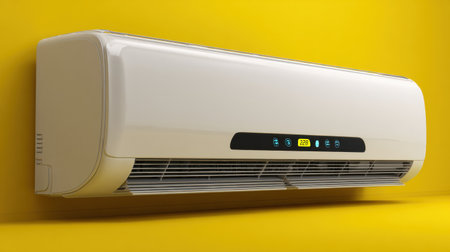 A sleek and modern wall-mounted air conditioning unit with a digital control panel, designed to enhance home comfort and interiors. Ideal for cooling spaces effectively.の素材
