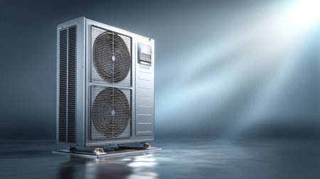 An industrial air conditioning unit stands prominently on a reflective surface, surrounded by soft light, highlighting its modern design and cooling capabilities in a sleek environment.の素材