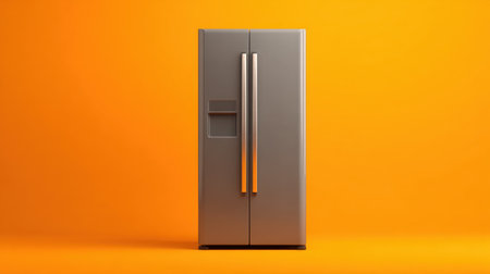 A sleek stainless steel refrigerator with a convenient water dispenser stands against a bold orange background, perfect for enhancing kitchen aesthetics and functionality.の素材