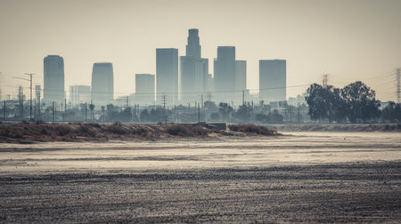 An atmospheric shot featuring a distant urban skyline where skyscrapers rise against a hazy background, framed by dry terrain and power lines. Perfect for city-themed projects.の素材