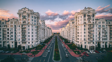 This captivating image showcases elegant urban architecture in a modern city during sunset, highlighting a vibrant street scene and stunning cloudy sky.の素材
