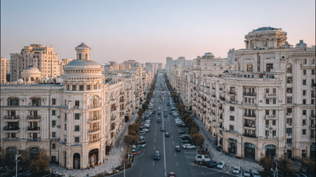 A stunning panoramic view captures an urban street bustling with vehicles, flanked by elegant buildings under a serene evening sky, showcasing city life.の素材