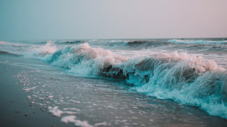 The image captures gentle waves rolling onto a serene beach at sunset, showcasing soft colors and a tranquil atmosphere, perfect for evoking feelings of peace and relaxation.の素材