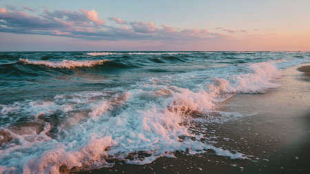 A picturesque view of gentle ocean waves rolling onto a sandy beach during sunset, featuring soft pink and blue skies. This serene landscape evokes tranquility and peace.の素材