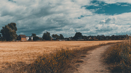 A beautiful open field stretches under a dramatic cloudy sky, offering a peaceful backdrop ideal for outdoor adventures and nature photography enthusiasts.の素材