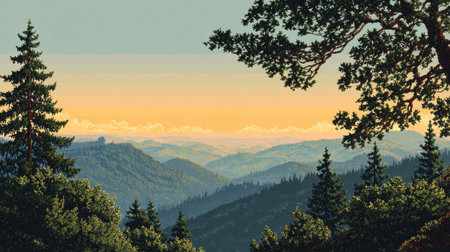 Discover a tranquil mountain landscape at sunrise, featuring lush pine trees, gentle mist, and a colorful sky that inspires serenity and a deep connection to nature.の素材