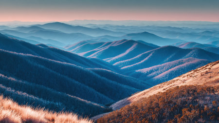 Experience the breathtaking view of rolling mountains bathed in early morning light. The serene landscape showcases nature's beauty in a peaceful setting, ideal for outdoor enthusiasts.の素材