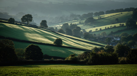 Captivating image showcasing rolling green hills bathed in soft light, creating a tranquil atmosphere with vibrant vegetation and gentle shadows in a picturesque landscape.の素材