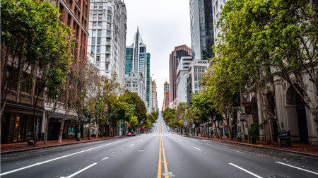 A serene and empty city street flanked by modern buildings and lush trees creates a peaceful atmosphere. The overcast sky enhances the calm urban landscape.の素材