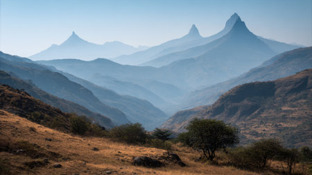 A stunning mountain landscape featuring soft blue hues, layered peaks, and tranquil valleys under a clear sky, perfect for nature lovers and travel enthusiasts.の素材