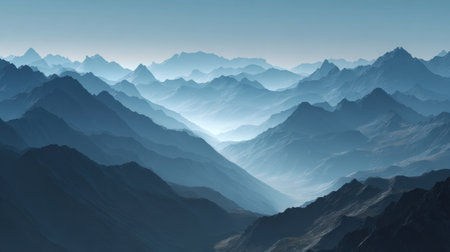Discover a breathtaking panoramic view of layered mountain ranges, showcasing soft blue hues that evoke peace and tranquility, ideal for nature and landscape projects.の素材