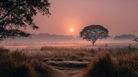 A breathtaking view of a tranquil sunrise over a misty landscape, showcasing silhouetted trees against a pastel sky, perfect for evoking peace and natural beauty.の素材