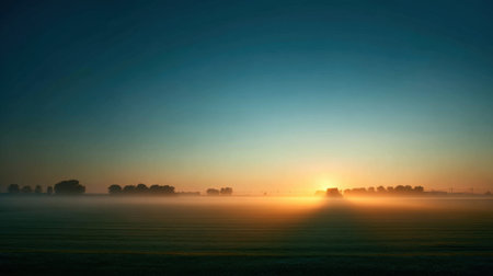 Experience the breathtaking beauty of a serene sunrise illuminating misty fields. The gentle hues create a tranquil atmosphere, inviting reflection and peace.の素材