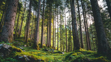 A serene forest teeming with tall trees and vibrant greenery. Gentle sunlight filters through the canopy, creating a tranquil atmosphere perfect for nature lovers and adventurers.の素材