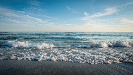 A serene view of gentle ocean waves meeting a sandy beach, under a bright sky with soft clouds, creating a peaceful and relaxing atmosphere for beach lovers.の素材