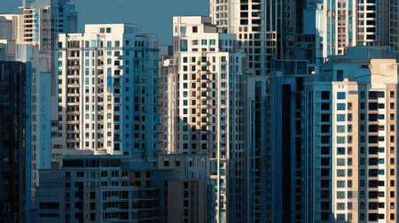 Captivating image of modern skyscrapers showcasing an urban landscape at sunset, highlighting glass and concrete architecture, creating a stunning city vibe.の素材