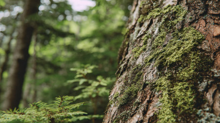 A detailed close-up view of tree bark adorned with vibrant green moss, surrounded by lush foliage, captures the serene beauty of a tranquil forest environment.の素材