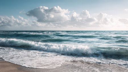 A breathtaking view of gentle waves lapping at a sandy beach under a bright sky filled with soft clouds, creating a serene atmosphere perfect for relaxation.の素材