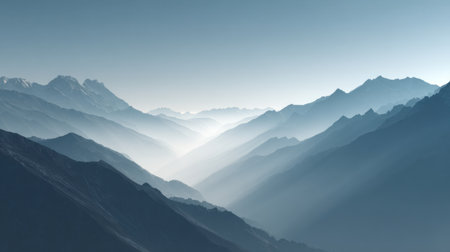 A stunning view of a mountain landscape at dawn, enveloped in mist and soft light. The peaks stand tall, casting long shadows over a tranquil valley, evoking a serene atmosphere.の素材