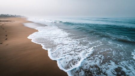This image showcases a tranquil beach scene where gentle waves meet soft sand under a misty sky, emphasizing the serenity and natural beauty of the coastal environment.の素材