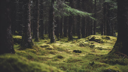Explore a serene and mystical forest filled with vibrant green moss and tall trees. Soft light filters through the leaves, creating a tranquil atmosphere in nature.の素材