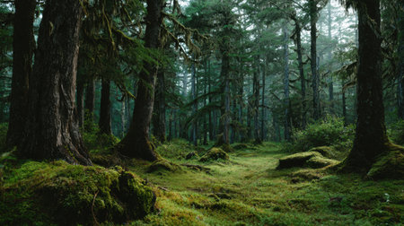 This image features a tranquil forest scene, showcasing tall trees surrounded by lush greenery and moss. The mist adds a serene atmosphere, perfect for nature lovers.の素材