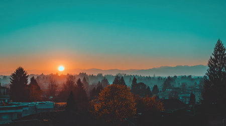 Experience a breathtaking sunrise illuminating the mountains while silhouetted trees stand tall against a scenic, foggy horizon in this tranquil morning landscape.の素材