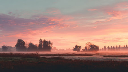 Experience the beauty of a tranquil marshland at dawn, with soft pastel colors radiating through the mist, creating a serene and peaceful natural landscape.の素材