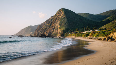 Experience a tranquil coastal scene featuring gentle waves lapping at the golden sand while majestic mountains rise in the background, illuminated by warm evening light.の素材