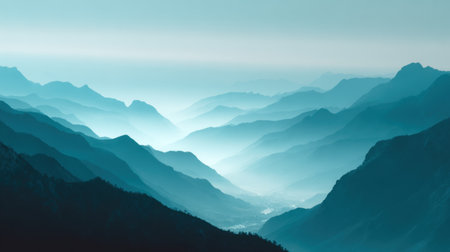 Experience the breathtaking beauty of layered misty mountains, showcasing tranquil blue hues and soft fog for an atmospheric landscape. Perfect for nature lovers.の素材