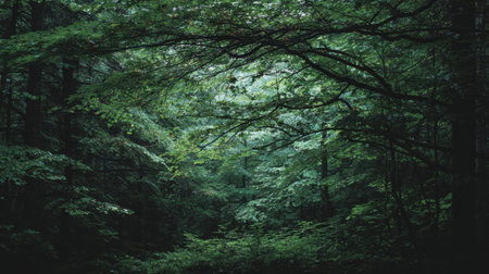 Explore a tranquil forest scene filled with dense greenery and dappled sunlight. This serene environment is perfect for nature lovers and outdoor enthusiasts alike.の素材
