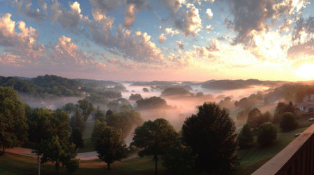 Experience the stunning beauty of a sunrise illuminating a foggy valley, surrounded by lush greenery and dramatic clouds in this tranquil nature scene.の素材