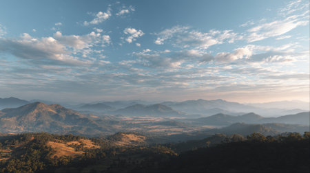 Evoking tranquility, this breathtaking landscape captures rolling hills beneath a dramatic sky at sunset, ideal for nature, travel, and outdoor themes.の素材