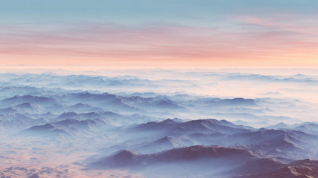 Experience the calming beauty of this misty mountain landscape at sunrise, where soft pastel colors blend harmoniously with rugged terrain and serene skies.の素材