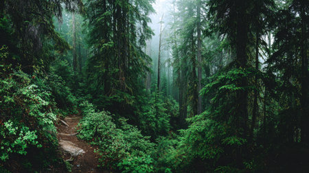 Explore a tranquil misty forest filled with vibrant greenery and majestic trees. This serene landscape invites peaceful reflection and outdoor adventure in nature.の素材